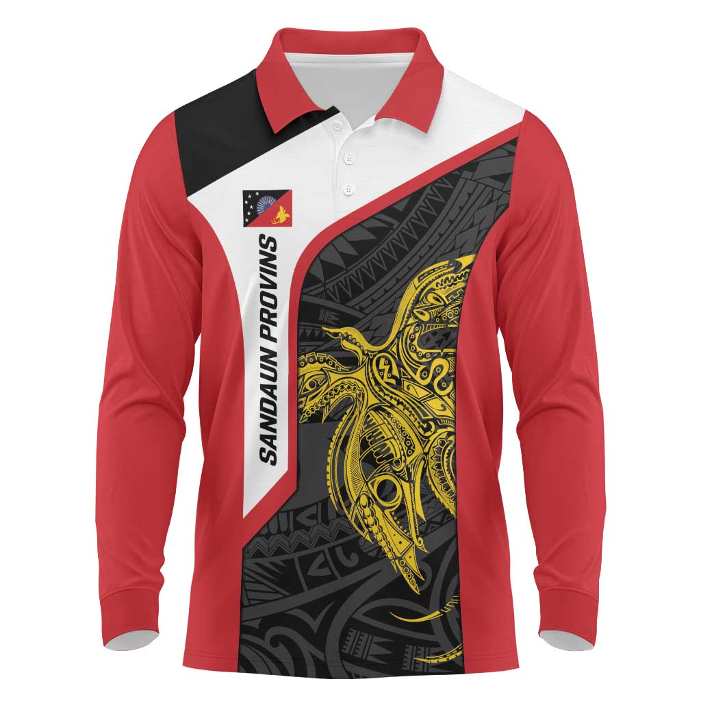 Personalised PNG Sandaun Province Long Sleeve Polo Shirt Bird of Paradise Tattoo Flag Motif - Polynesian Pride