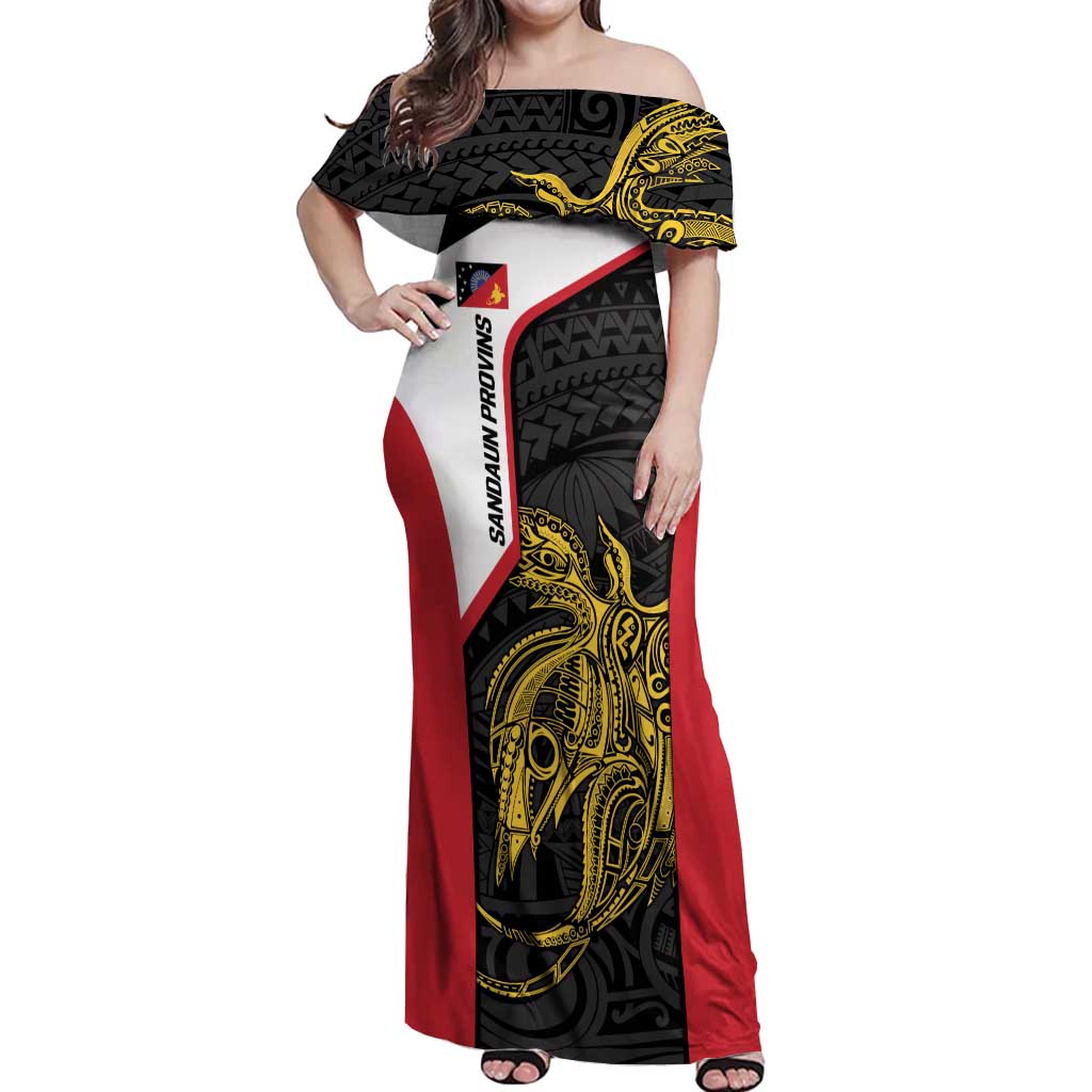 Personalised PNG Sandaun Province Off Shoulder Maxi Dress Bird of Paradise Tattoo Flag Motif - Polynesian Pride