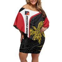 Personalised PNG Sandaun Province Off Shoulder Short Dress Bird of Paradise Tattoo Flag Motif - Polynesian Pride
