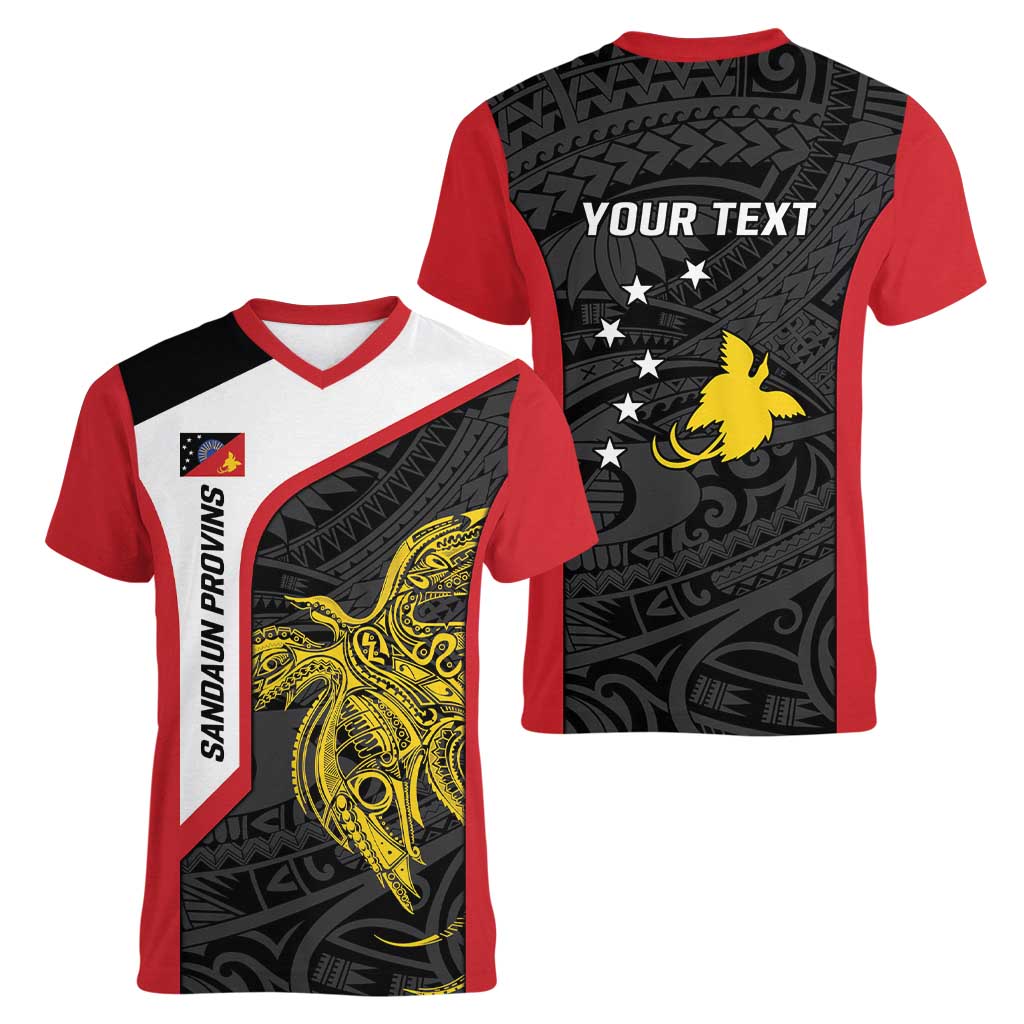 Personalised PNG Sandaun Province Women V-Neck T-Shirt Bird of Paradise Tattoo Flag Motif - Polynesian Pride
