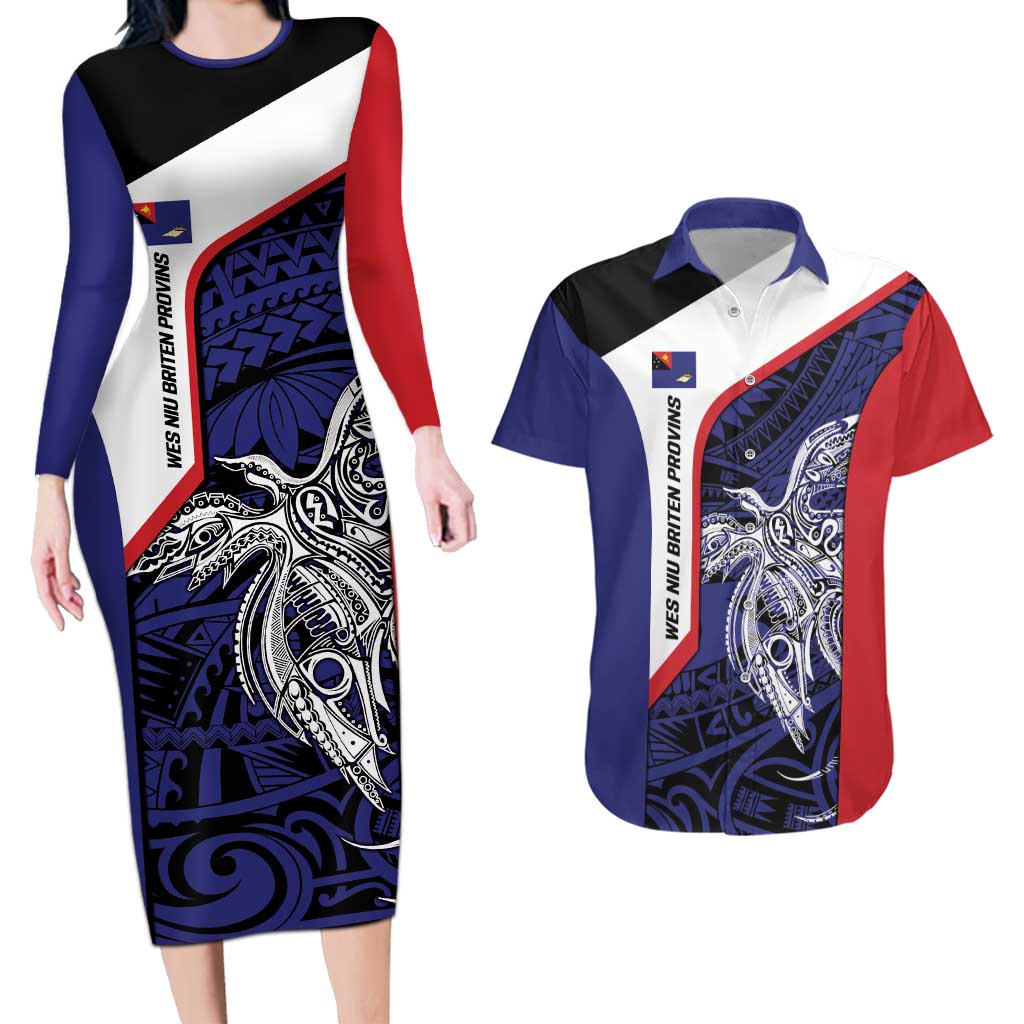 Personalised PNG West New Britain Province Couples Matching Long Sleeve Bodycon Dress and Hawaiian Shirt Bird of Paradise Tattoo Flag Motif LT9 Blue - Polynesian Pride