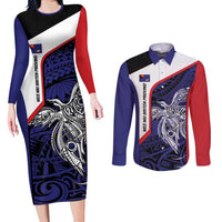 Personalised PNG West New Britain Province Couples Matching Long Sleeve Bodycon Dress and Long Sleeve Button Shirt Bird of Paradise Tattoo Flag Motif LT9 Blue - Polynesian Pride