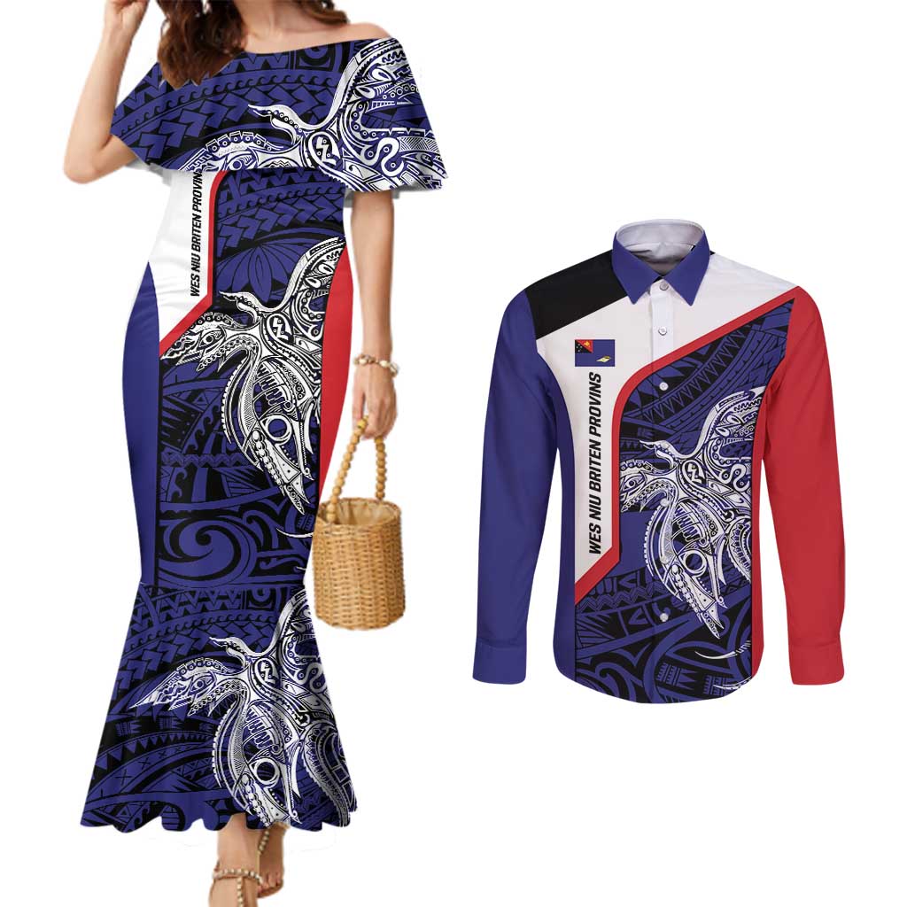 Personalised PNG West New Britain Province Couples Matching Mermaid Dress and Long Sleeve Button Shirt Bird of Paradise Tattoo Flag Motif LT9 Blue - Polynesian Pride