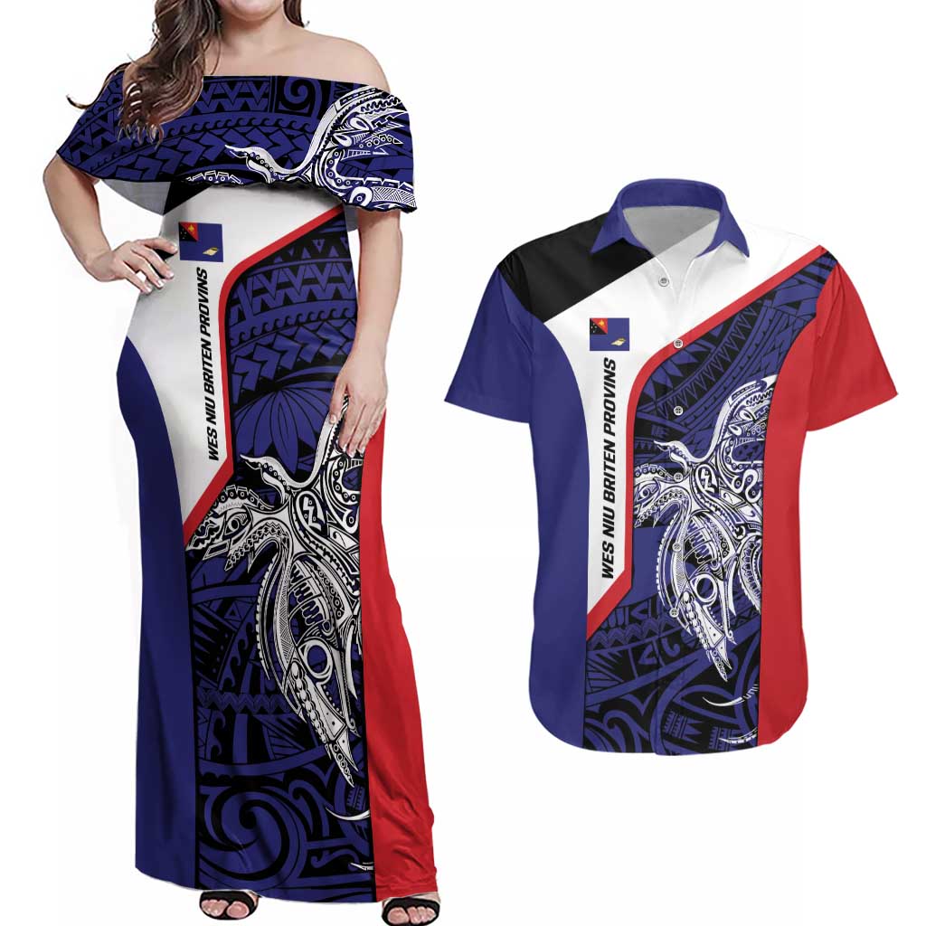 Personalised PNG West New Britain Province Couples Matching Off Shoulder Maxi Dress and Hawaiian Shirt Bird of Paradise Tattoo Flag Motif LT9 Blue - Polynesian Pride