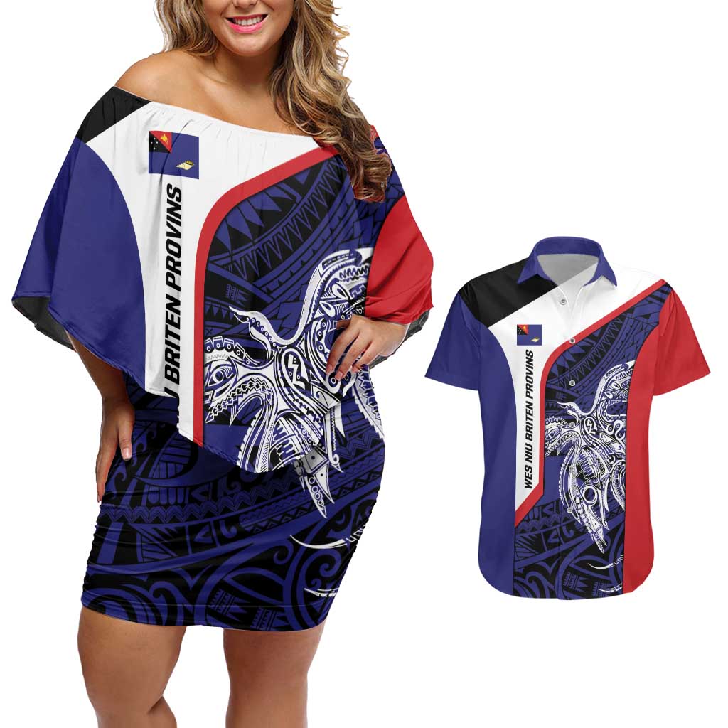 Personalised PNG West New Britain Province Couples Matching Off Shoulder Short Dress and Hawaiian Shirt Bird of Paradise Tattoo Flag Motif LT9 Blue - Polynesian Pride