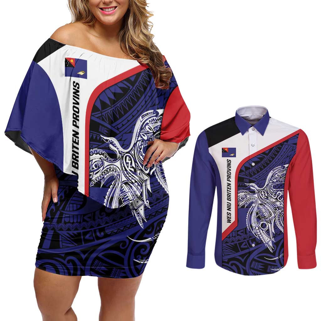 Personalised PNG West New Britain Province Couples Matching Off Shoulder Short Dress and Long Sleeve Button Shirt Bird of Paradise Tattoo Flag Motif LT9 Blue - Polynesian Pride