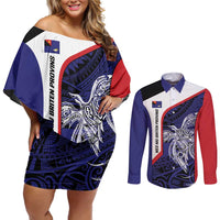 Personalised PNG West New Britain Province Couples Matching Off Shoulder Short Dress and Long Sleeve Button Shirt Bird of Paradise Tattoo Flag Motif LT9 Blue - Polynesian Pride