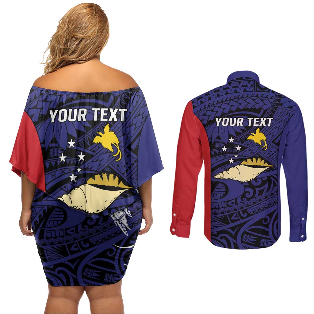Personalised PNG West New Britain Province Couples Matching Off Shoulder Short Dress and Long Sleeve Button Shirt Bird of Paradise Tattoo Flag Motif LT9 - Polynesian Pride