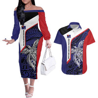 Personalised PNG West New Britain Province Couples Matching Off The Shoulder Long Sleeve Dress and Hawaiian Shirt Bird of Paradise Tattoo Flag Motif LT9 Blue - Polynesian Pride