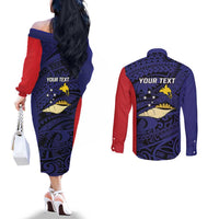 Personalised PNG West New Britain Province Couples Matching Off The Shoulder Long Sleeve Dress and Long Sleeve Button Shirt Bird of Paradise Tattoo Flag Motif LT9 - Polynesian Pride