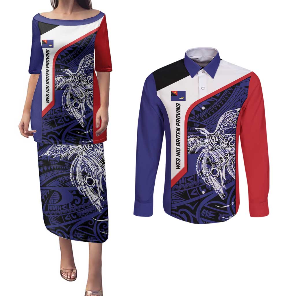 Personalised PNG West New Britain Province Couples Matching Puletasi and Long Sleeve Button Shirt Bird of Paradise Tattoo Flag Motif LT9 Blue - Polynesian Pride