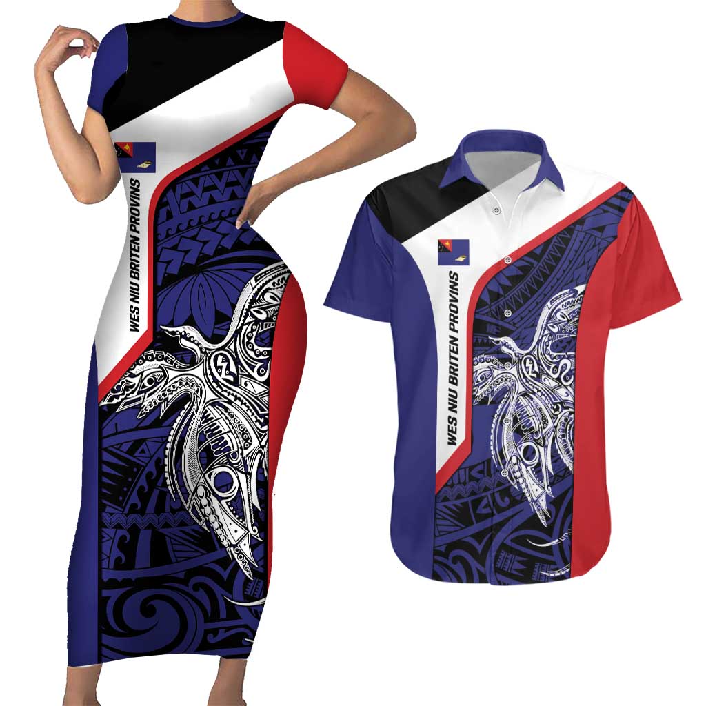 Personalised PNG West New Britain Province Couples Matching Short Sleeve Bodycon Dress and Hawaiian Shirt Bird of Paradise Tattoo Flag Motif LT9 Blue - Polynesian Pride