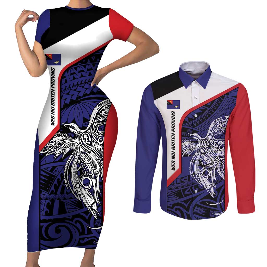 Personalised PNG West New Britain Province Couples Matching Short Sleeve Bodycon Dress and Long Sleeve Button Shirt Bird of Paradise Tattoo Flag Motif LT9 Blue - Polynesian Pride