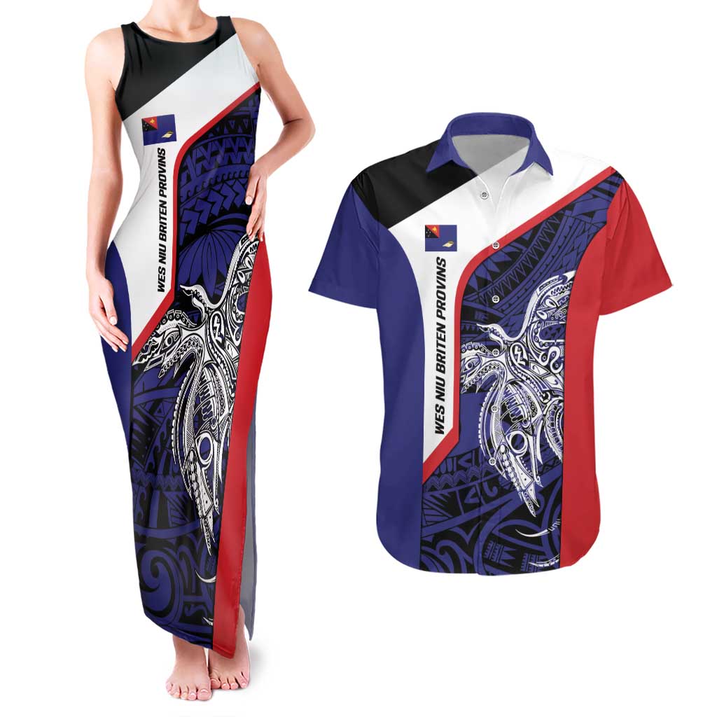Personalised PNG West New Britain Province Couples Matching Tank Maxi Dress and Hawaiian Shirt Bird of Paradise Tattoo Flag Motif LT9 Blue - Polynesian Pride