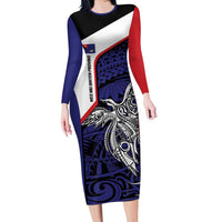 Personalised PNG West New Britain Province Family Matching Long Sleeve Bodycon Dress and Hawaiian Shirt Bird of Paradise Tattoo Flag Motif LT9 Mom's Dress Blue - Polynesian Pride
