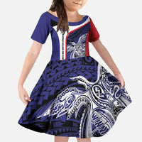 Personalised PNG West New Britain Province Family Matching Mermaid Dress and Hawaiian Shirt Bird of Paradise Tattoo Flag Motif LT9 Daughter's Dress Blue - Polynesian Pride