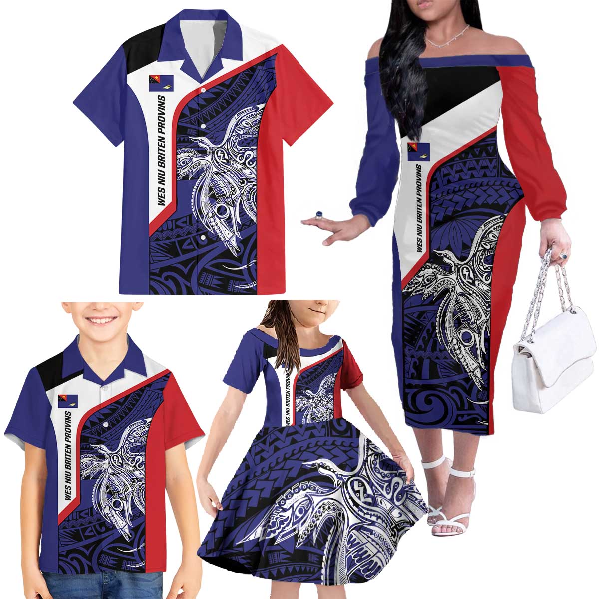 Personalised PNG West New Britain Province Family Matching Off The Shoulder Long Sleeve Dress and Hawaiian Shirt Bird of Paradise Tattoo Flag Motif LT9 - Polynesian Pride