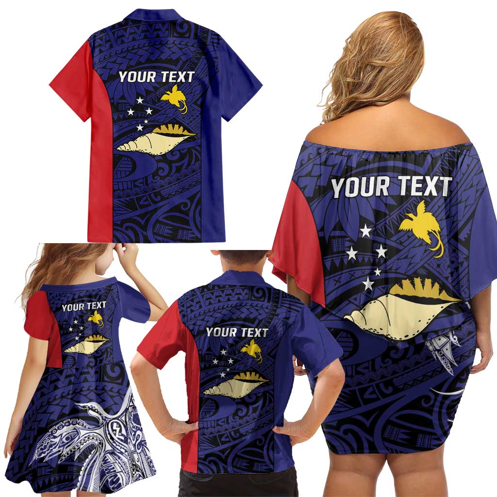 Personalised PNG West New Britain Province Family Matching Off Shoulder Short Dress and Hawaiian Shirt Bird of Paradise Tattoo Flag Motif - Polynesian Pride
