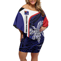 Personalised PNG West New Britain Province Family Matching Off Shoulder Short Dress and Hawaiian Shirt Bird of Paradise Tattoo Flag Motif - Polynesian Pride