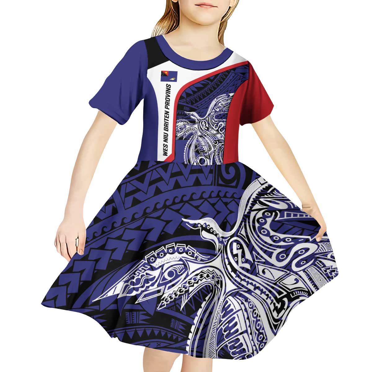Personalised PNG West New Britain Province Kid Short Sleeve Dress Bird of Paradise Tattoo Flag Motif - Polynesian Pride