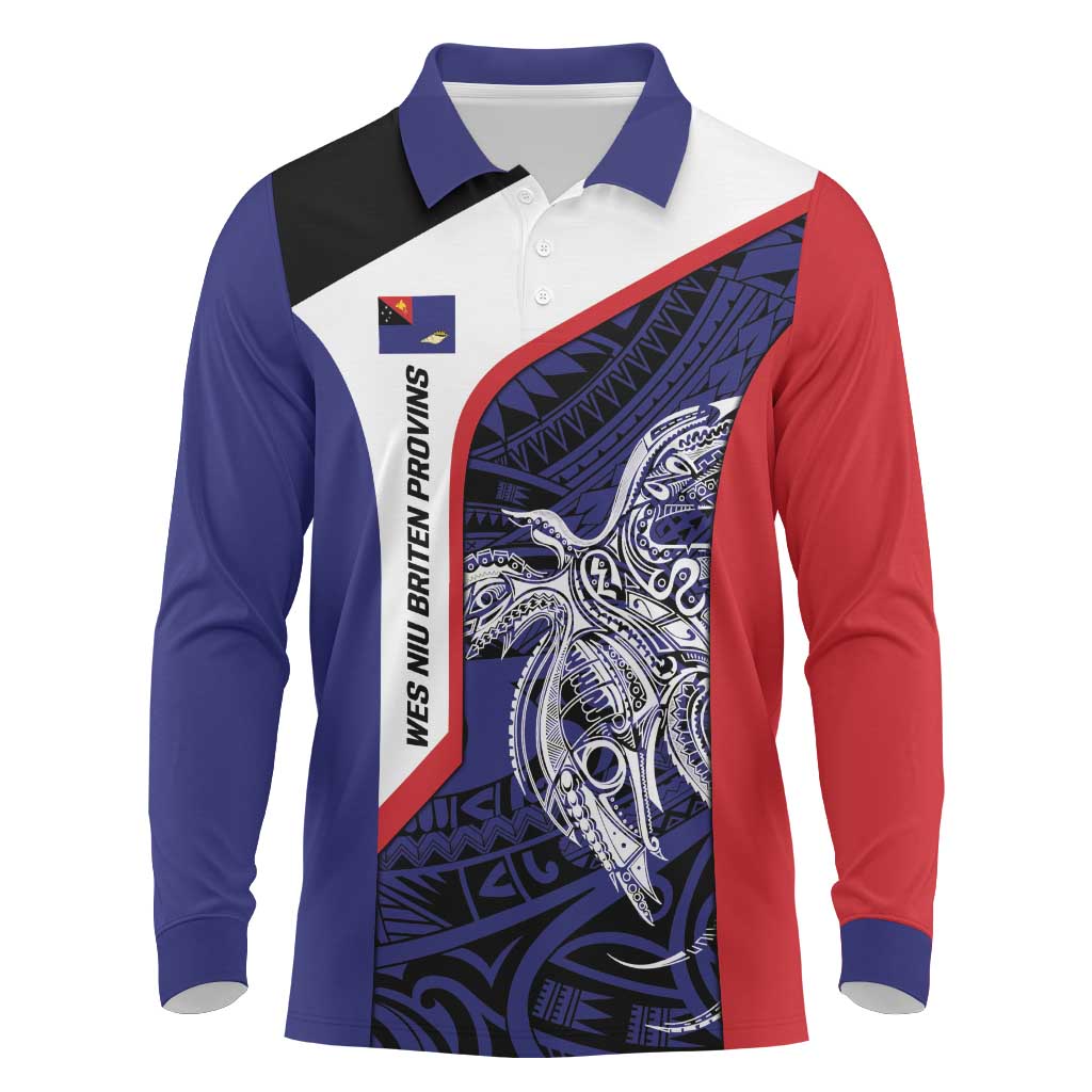 Personalised PNG West New Britain Province Long Sleeve Polo Shirt Bird of Paradise Tattoo Flag Motif LT9 Blue - Polynesian Pride