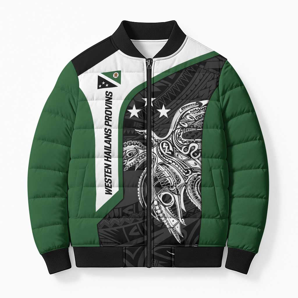 Personalised PNG Western Highlands Province Bomber Puffer Jacket Bird of Paradise Tattoo Flag Motif - Polynesian Pride