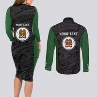 Personalised PNG Western Highlands Province Couples Matching Long Sleeve Bodycon Dress and Long Sleeve Button Shirt Bird of Paradise Tattoo Flag Motif LT9 - Polynesian Pride