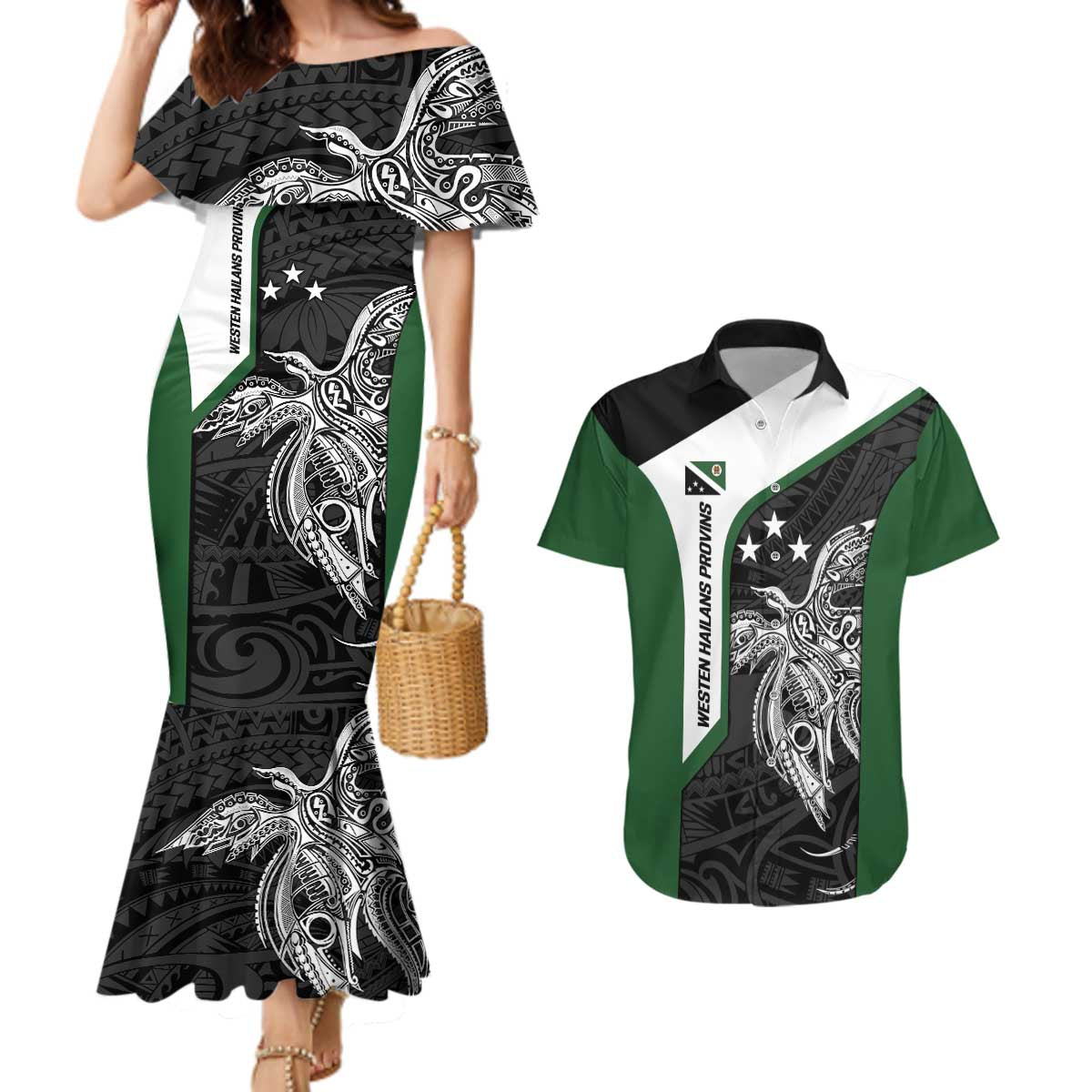 Personalised PNG Western Highlands Province Couples Matching Mermaid Dress and Hawaiian Shirt Bird of Paradise Tattoo Flag Motif LT9 Green - Polynesian Pride