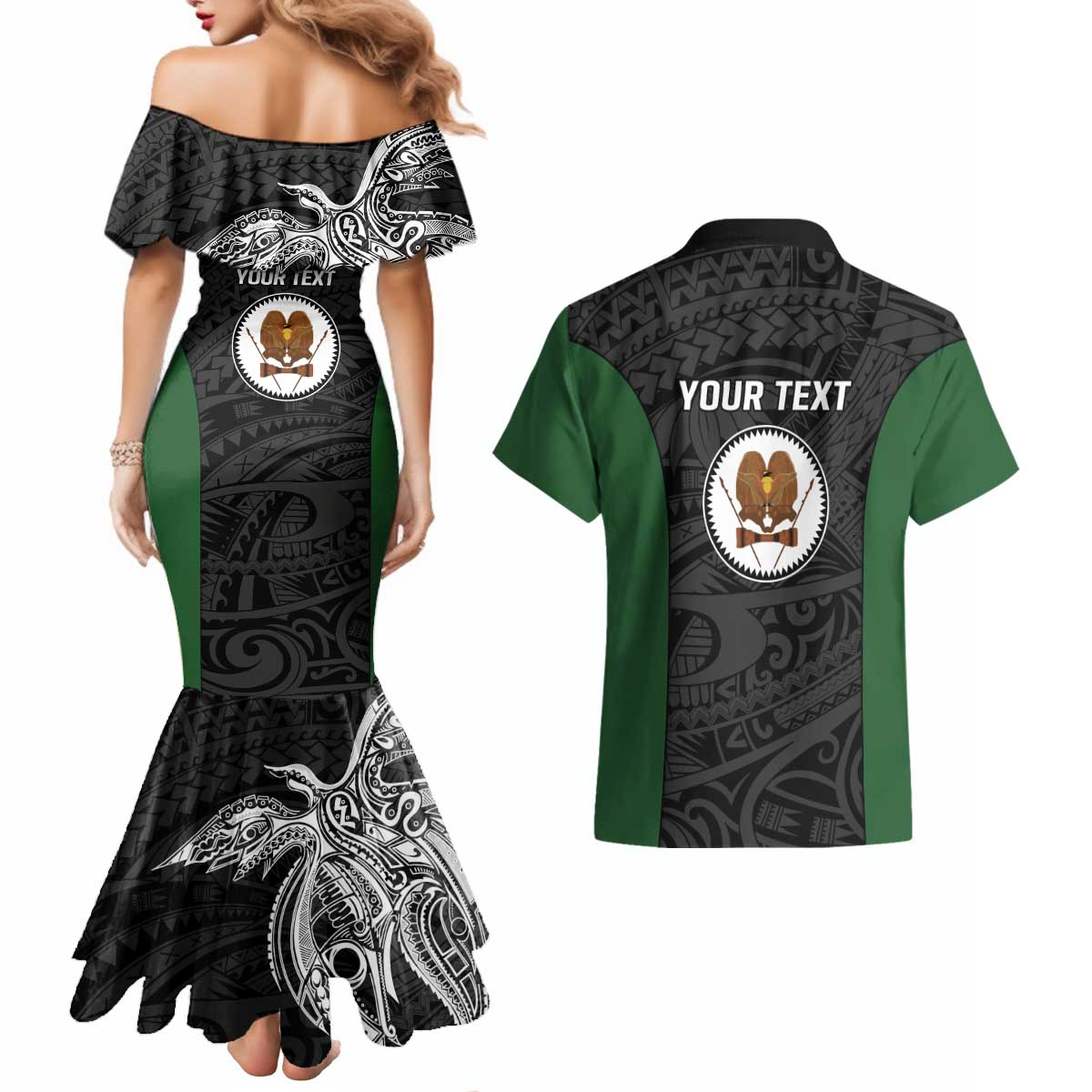 Personalised PNG Western Highlands Province Couples Matching Mermaid Dress and Hawaiian Shirt Bird of Paradise Tattoo Flag Motif LT9 - Polynesian Pride