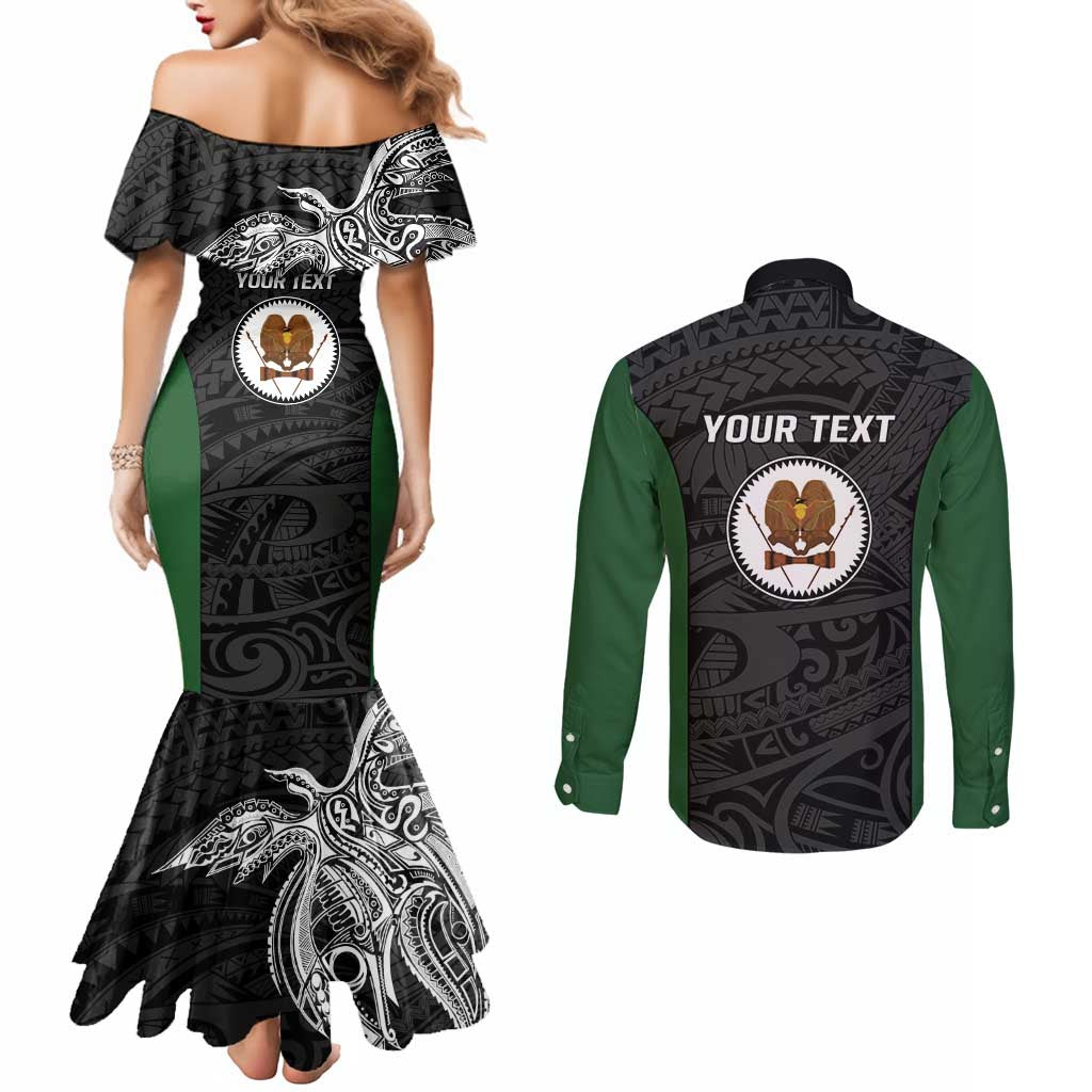 Personalised PNG Western Highlands Province Couples Matching Mermaid Dress and Long Sleeve Button Shirt Bird of Paradise Tattoo Flag Motif LT9 - Polynesian Pride