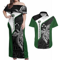 Personalised PNG Western Highlands Province Couples Matching Off Shoulder Maxi Dress and Hawaiian Shirt Bird of Paradise Tattoo Flag Motif LT9 Green - Polynesian Pride