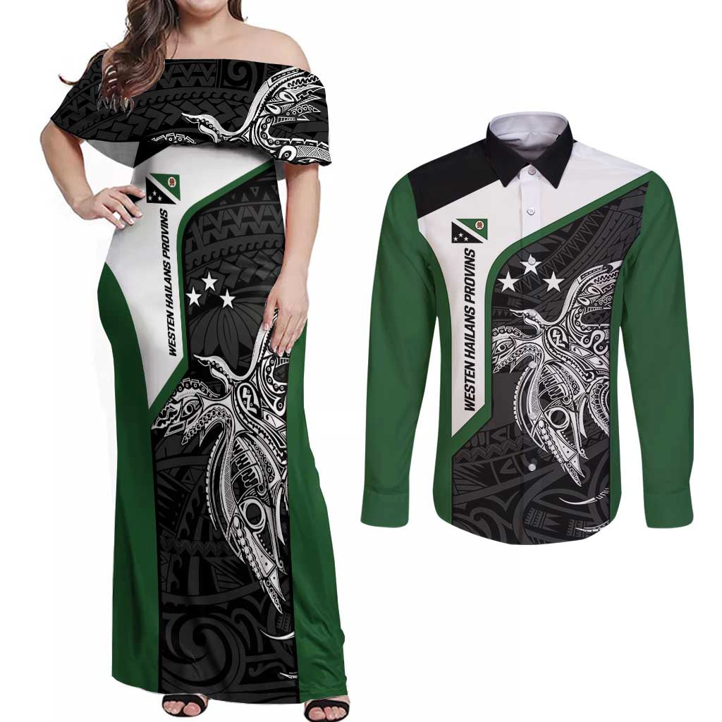 Personalised PNG Western Highlands Province Couples Matching Off Shoulder Maxi Dress and Long Sleeve Button Shirt Bird of Paradise Tattoo Flag Motif LT9 Green - Polynesian Pride