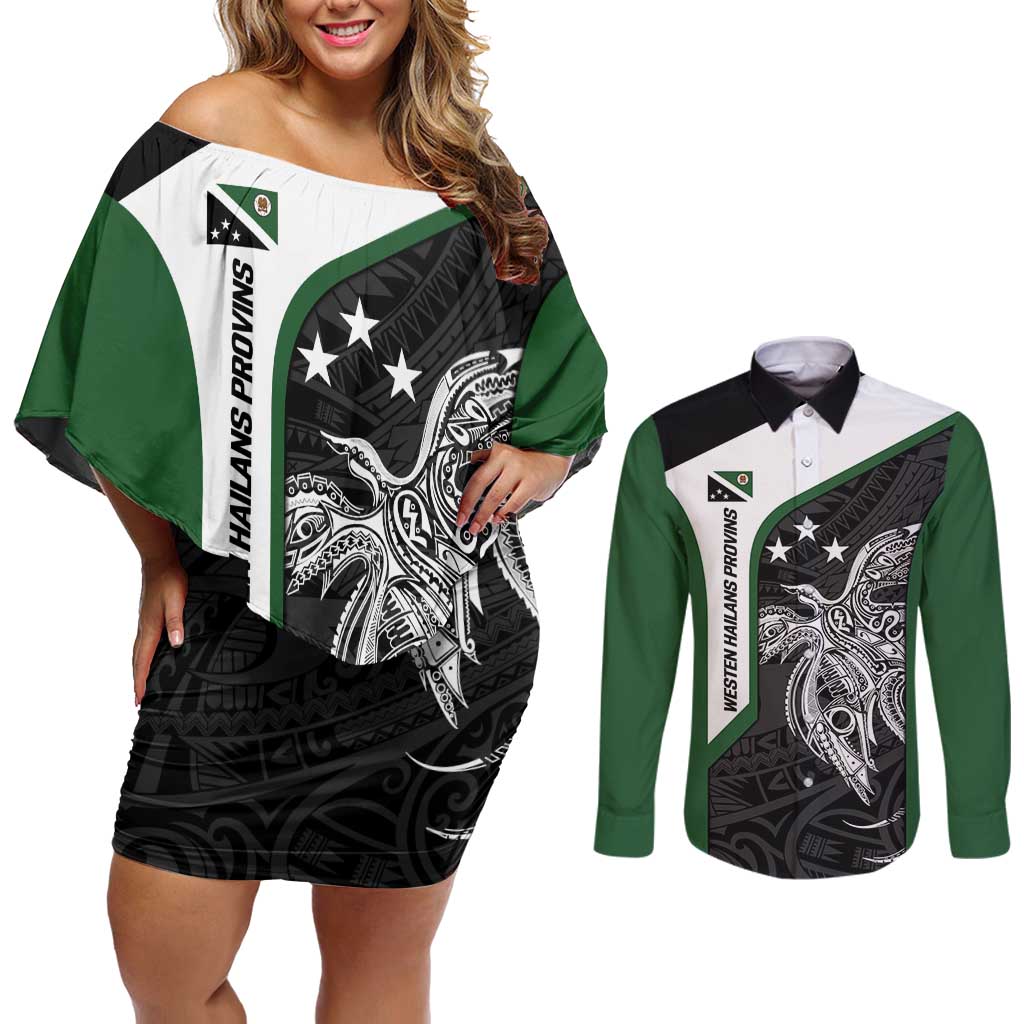Personalised PNG Western Highlands Province Couples Matching Off Shoulder Short Dress and Long Sleeve Button Shirt Bird of Paradise Tattoo Flag Motif LT9 Green - Polynesian Pride
