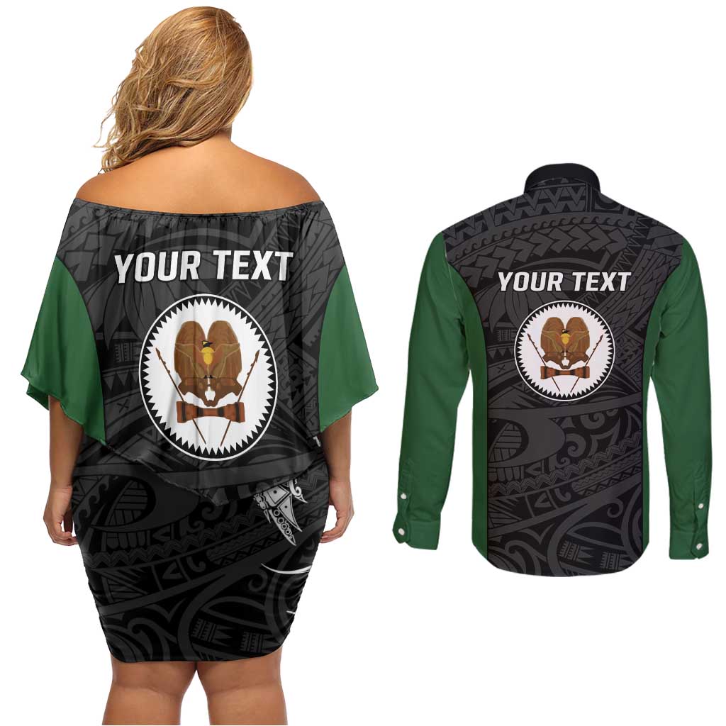 Personalised PNG Western Highlands Province Couples Matching Off Shoulder Short Dress and Long Sleeve Button Shirt Bird of Paradise Tattoo Flag Motif LT9 - Polynesian Pride