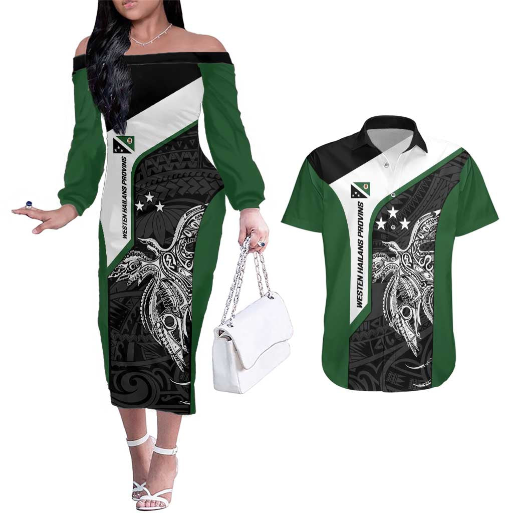 Personalised PNG Western Highlands Province Couples Matching Off The Shoulder Long Sleeve Dress and Hawaiian Shirt Bird of Paradise Tattoo Flag Motif LT9 Green - Polynesian Pride