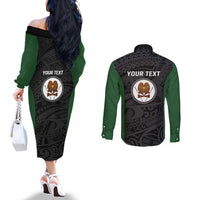 Personalised PNG Western Highlands Province Couples Matching Off The Shoulder Long Sleeve Dress and Long Sleeve Button Shirt Bird of Paradise Tattoo Flag Motif LT9 - Polynesian Pride