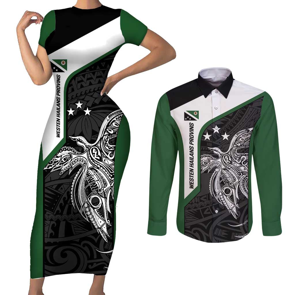 Personalised PNG Western Highlands Province Couples Matching Short Sleeve Bodycon Dress and Long Sleeve Button Shirt Bird of Paradise Tattoo Flag Motif LT9 Green - Polynesian Pride