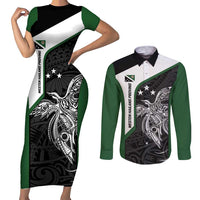 Personalised PNG Western Highlands Province Couples Matching Short Sleeve Bodycon Dress and Long Sleeve Button Shirt Bird of Paradise Tattoo Flag Motif LT9 Green - Polynesian Pride