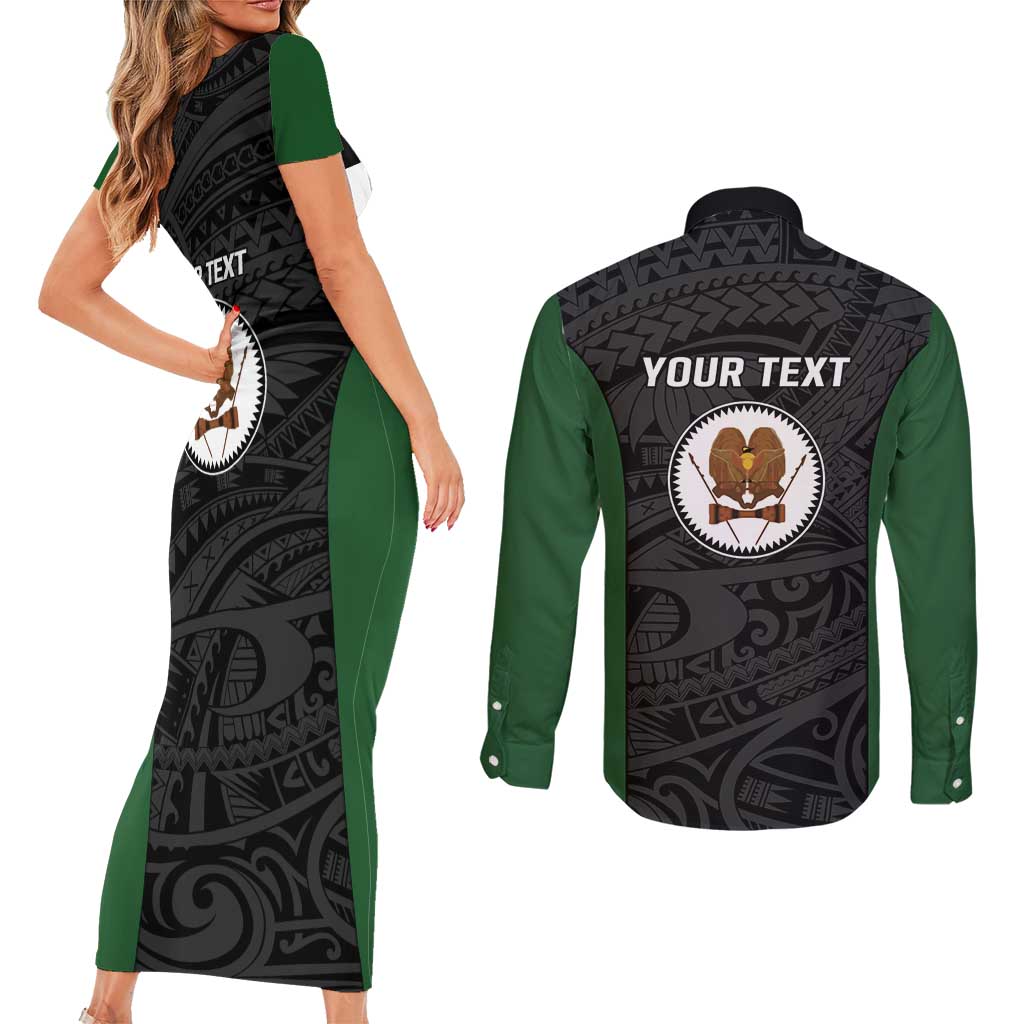 Personalised PNG Western Highlands Province Couples Matching Short Sleeve Bodycon Dress and Long Sleeve Button Shirt Bird of Paradise Tattoo Flag Motif LT9 - Polynesian Pride