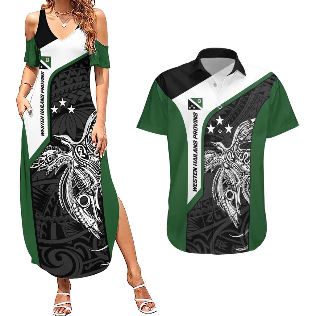 Personalised PNG Western Highlands Province Couples Matching Summer Maxi Dress and Hawaiian Shirt Bird of Paradise Tattoo Flag Motif LT9 Green - Polynesian Pride