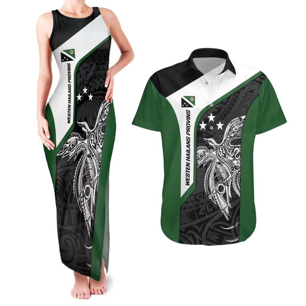 Personalised PNG Western Highlands Province Couples Matching Tank Maxi Dress and Hawaiian Shirt Bird of Paradise Tattoo Flag Motif LT9 Green - Polynesian Pride