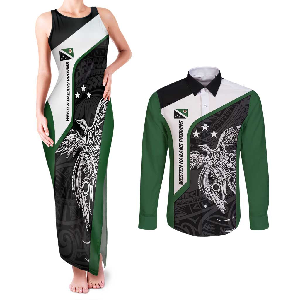 Personalised PNG Western Highlands Province Couples Matching Tank Maxi Dress and Long Sleeve Button Shirt Bird of Paradise Tattoo Flag Motif LT9 Green - Polynesian Pride