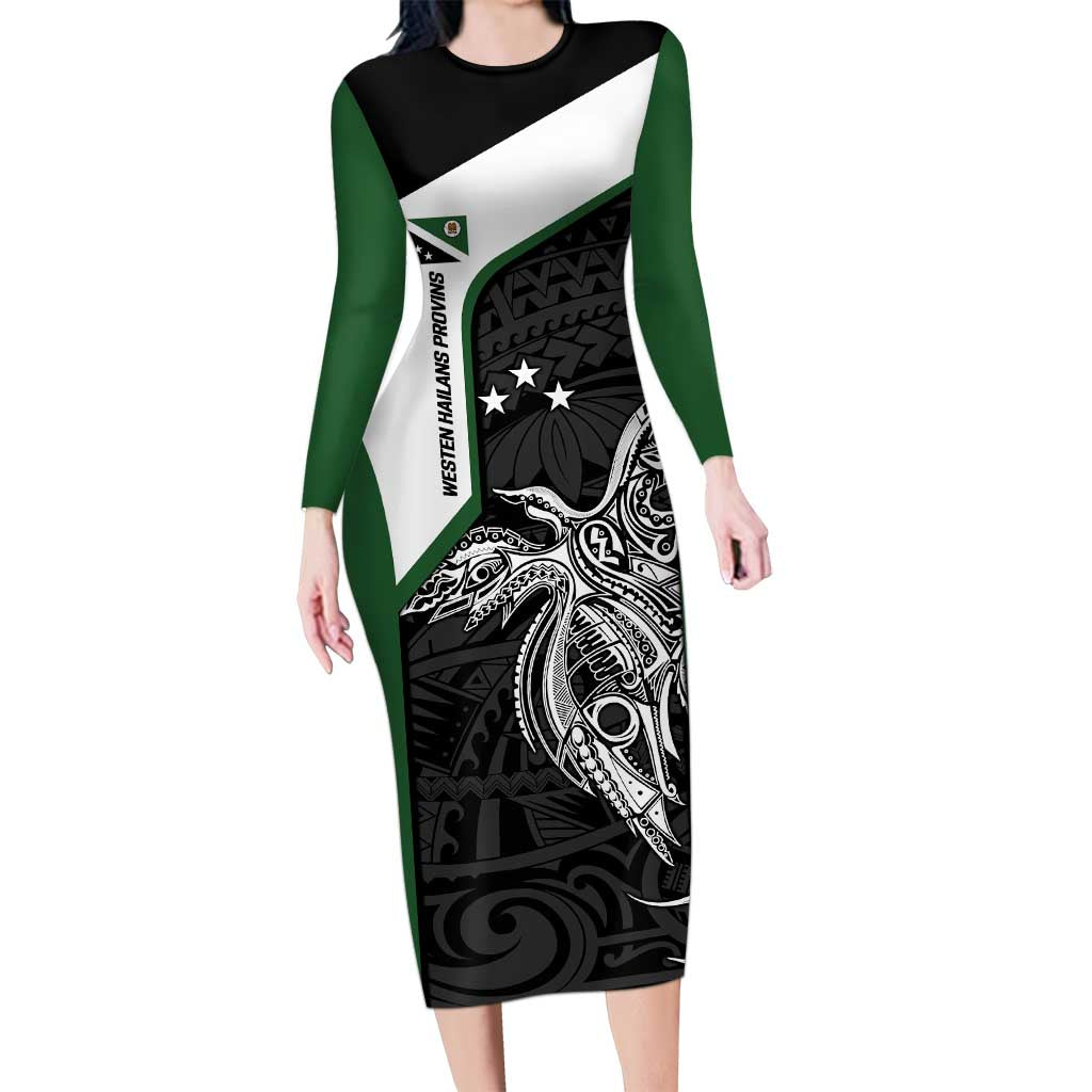 Personalised PNG Western Highlands Province Family Matching Long Sleeve Bodycon Dress and Hawaiian Shirt Bird of Paradise Tattoo Flag Motif LT9 Mom's Dress Green - Polynesian Pride