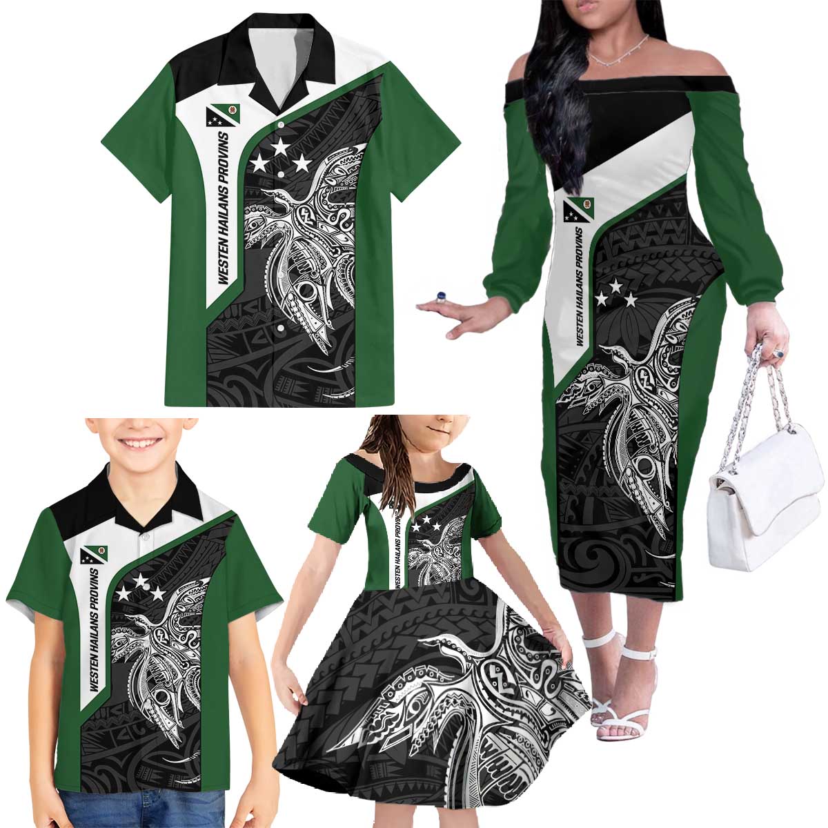 Personalised PNG Western Highlands Province Family Matching Off The Shoulder Long Sleeve Dress and Hawaiian Shirt Bird of Paradise Tattoo Flag Motif LT9 - Polynesian Pride