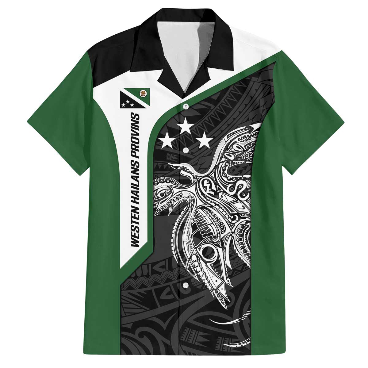 Personalised PNG Western Highlands Province Family Matching Off The Shoulder Long Sleeve Dress and Hawaiian Shirt Bird of Paradise Tattoo Flag Motif LT9 Dad's Shirt - Short Sleeve Green - Polynesian Pride