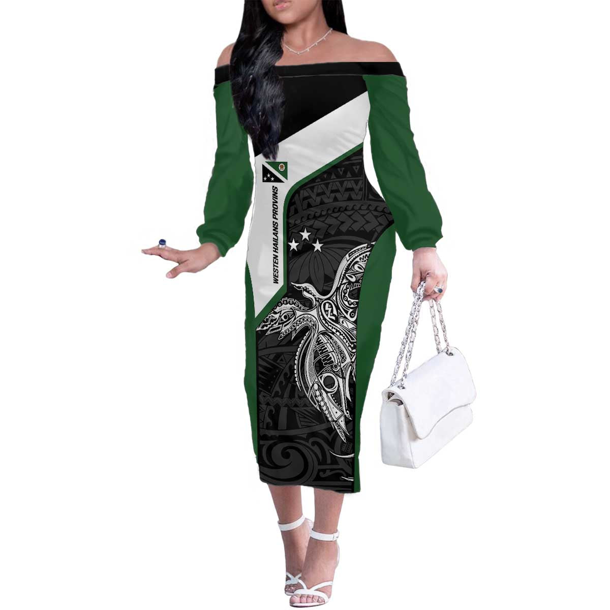 Personalised PNG Western Highlands Province Family Matching Off The Shoulder Long Sleeve Dress and Hawaiian Shirt Bird of Paradise Tattoo Flag Motif LT9 Mom's Dress Green - Polynesian Pride