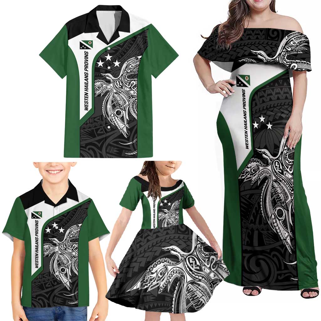 Personalised PNG Western Highlands Province Family Matching Off Shoulder Maxi Dress and Hawaiian Shirt Bird of Paradise Tattoo Flag Motif LT9 - Polynesian Pride