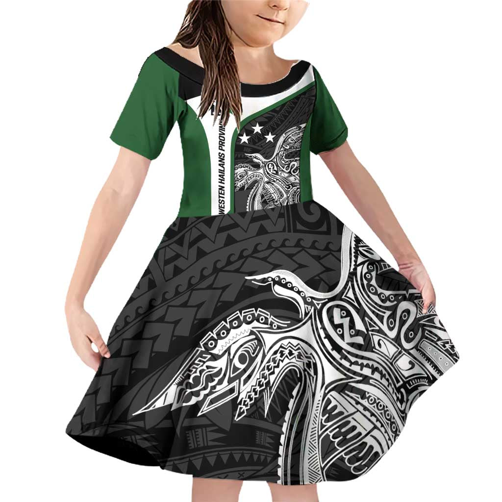 Personalised PNG Western Highlands Province Family Matching Off Shoulder Short Dress and Hawaiian Shirt Bird of Paradise Tattoo Flag Motif LT9 Daughter's Dress Green - Polynesian Pride