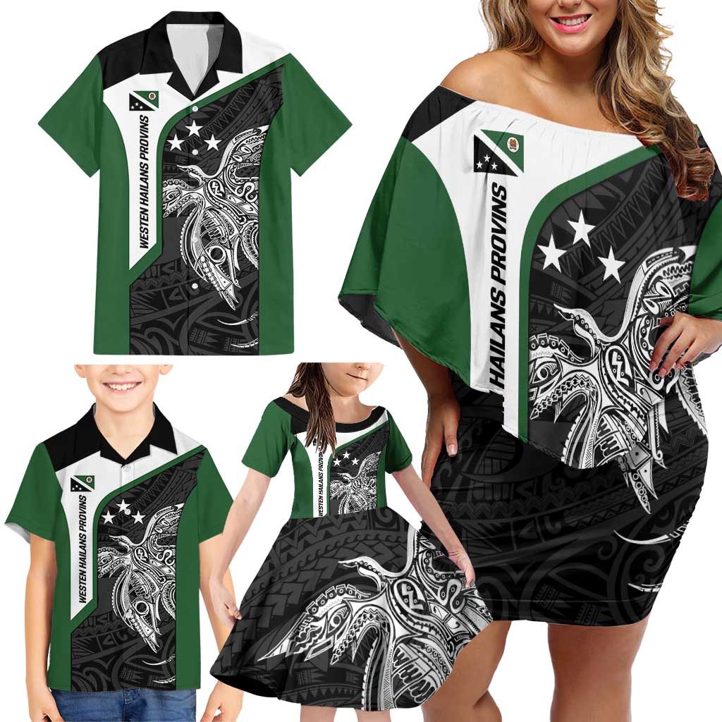 Personalised PNG Western Highlands Province Family Matching Off Shoulder Short Dress and Hawaiian Shirt Bird of Paradise Tattoo Flag Motif LT9 - Polynesian Pride