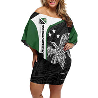 Personalised PNG Western Highlands Province Family Matching Off Shoulder Short Dress and Hawaiian Shirt Bird of Paradise Tattoo Flag Motif LT9 Mom's Dress Green - Polynesian Pride